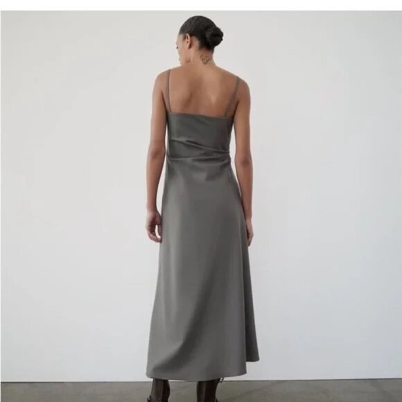 ZARA Long Dress Khaki Gray with Tanks ZW COLLECTION WOOL Blend RUCHED Size: S - Picture 4 of 16